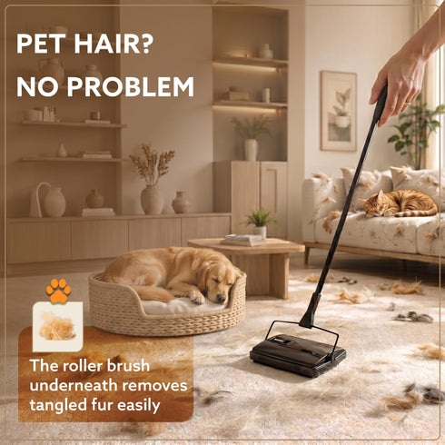Delite Manual Carpet Cleaner for Pet Hair Rugs Mattresses – No Batteries, Push & Pull, Tangle-Free Brush, Easy-Dump Dustbin (Not for Hard Floors)