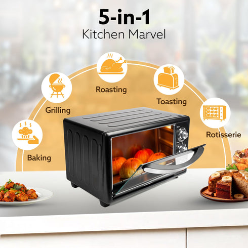 Majestic 30L OTG 1500W, with Motorized Rotisserie Baking & Grilling Accessories, Oven For Kitchen, Transparent Glass Door, Uniform Heating, Adjustable Temperature Control, 1-Year Warranty, Black