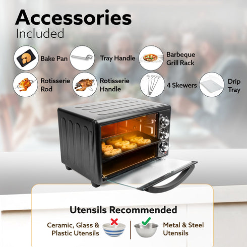 Majestic 30L OTG 1500W, with Motorized Rotisserie Baking & Grilling Accessories, Oven For Kitchen, Transparent Glass Door, Uniform Heating, Adjustable Temperature Control, 1-Year Warranty, Black