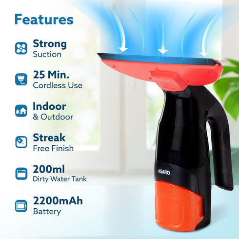 Delite Electric Glass Vacuum Cleaner, Spray & Vacuum, 28 Cm Suction Blade, Cordless, 360 ML Spray Bottle, Portable, Efficient for Cleaning Window Glass, Tiles, Glass Tables, Red & Black