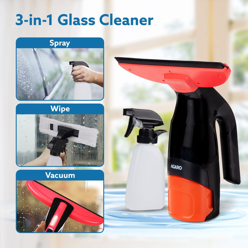 Delite Electric Glass Vacuum Cleaner, Spray & Vacuum, 28 Cm Suction Blade, Cordless, 360 ML Spray Bottle, Portable, Efficient for Cleaning Window Glass, Tiles, Glass Tables, Red & Black