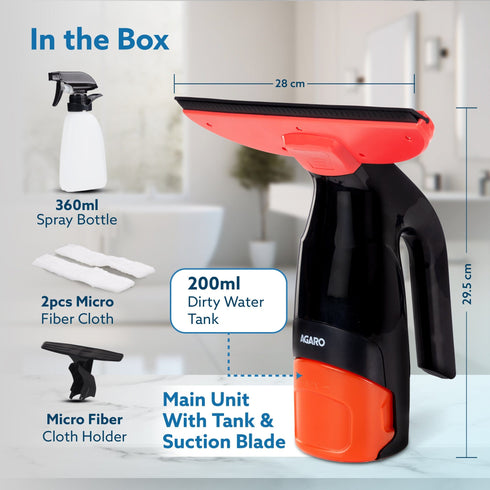 Delite Electric Glass Vacuum Cleaner, Spray & Vacuum, 28 Cm Suction Blade, Cordless, 360 ML Spray Bottle, Portable, Efficient for Cleaning Window Glass, Tiles, Glass Tables, Red & Black