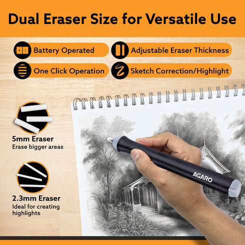 Electric Eraser ER2498, 2.3mm & 5mm Eraser, Automatic Correction & Highlighting, for Sketching, Drawing, Portrait Shading, 22 Refills, 2 Eraser Holders, (Batteries not Included), White