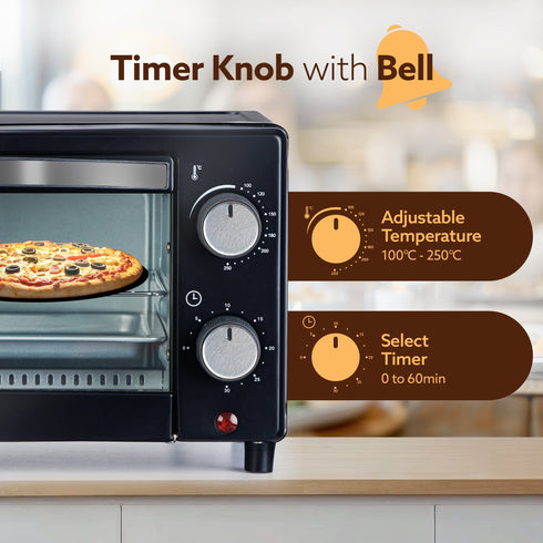 Marvel 9L OTG Oven 800W, Compact Toaster Griller for Baking, Toasting & Grilling, Adjustable 100°C-250°C, 30-Min Timer with Ready Bell, Auto Shut-Off, Tempered Glass Door, Bake Pan, Tong & Rack