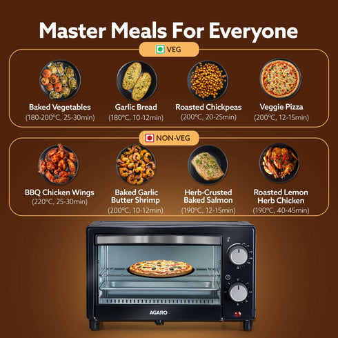 Marvel 9L OTG Oven 800W, Compact Toaster Griller for Baking, Toasting & Grilling, Adjustable 100°C-250°C, 30-Min Timer with Ready Bell, Auto Shut-Off, Tempered Glass Door, Bake Pan, Tong & Rack