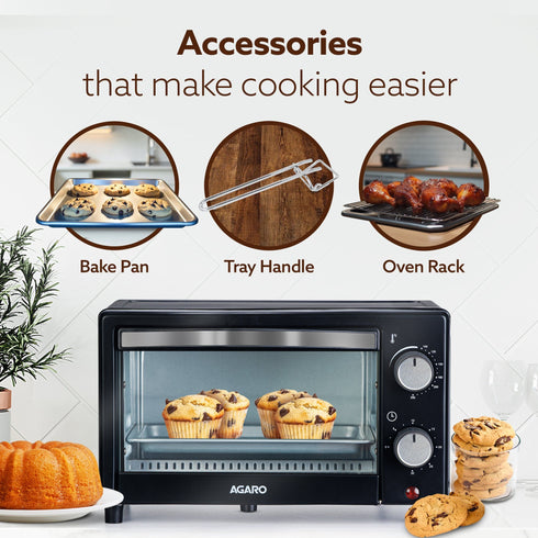 Marvel 9L OTG Oven 800W, Compact Toaster Griller for Baking, Toasting & Grilling, Adjustable 100°C-250°C, 30-Min Timer with Ready Bell, Auto Shut-Off, Tempered Glass Door, Bake Pan, Tong & Rack