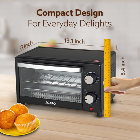 Marvel 9L OTG Oven 800W, Compact Toaster Griller for Baking, Toasting & Grilling, Adjustable 100°C-250°C, 30-Min Timer with Ready Bell, Auto Shut-Off, Tempered Glass Door, Bake Pan, Tong & Rack