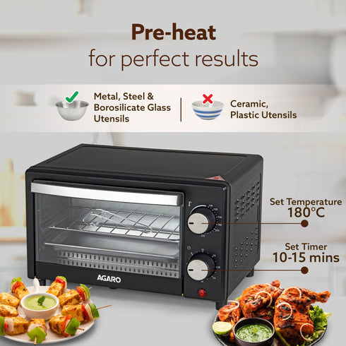 Marvel 9L OTG Oven 800W, Compact Toaster Griller for Baking, Toasting & Grilling, Adjustable 100°C-250°C, 30-Min Timer with Ready Bell, Auto Shut-Off, Tempered Glass Door, Bake Pan, Tong & Rack