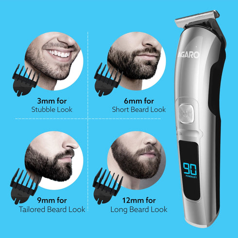 Cosmo Beard Trimmer For Men, Hair Trimming, High Precision Trimmer, Cordless, 4 Length Setting combs, Self Sharpening Stainless Steel Blades, 2 Speed, Rechargeable, Digital Display, Silver