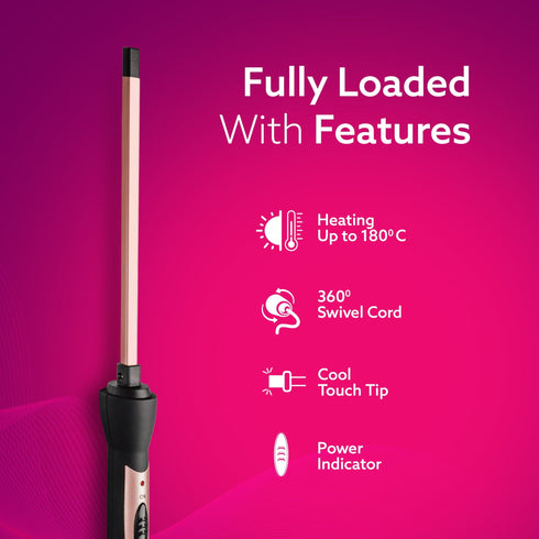 HC9007 Hair Curler With 7 MM Barrel, Rod, Tong, Chopstick Rectangular Hair Curler, Ceramic Coated Plates, Cool Touch Tip, Fast Heating, For Men Women, Maggie Curl, Hair Curling, Styling, Rose Gold & Black