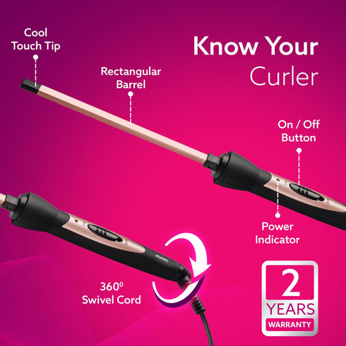 HC9007 Hair Curler With 7 MM Barrel, Rod, Tong, Chopstick Rectangular Hair Curler, Ceramic Coated Plates, Cool Touch Tip, Fast Heating, For Men Women, Maggie Curl, Hair Curling, Styling, Rose Gold & Black