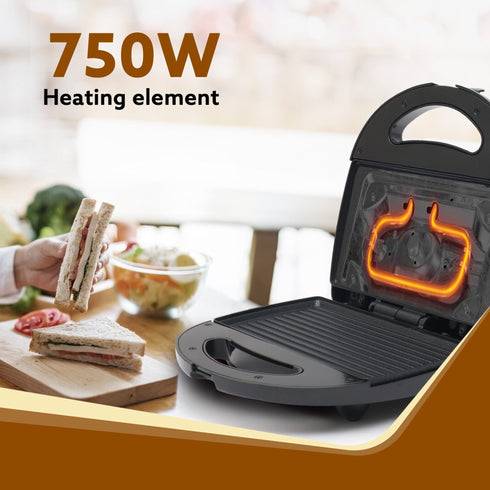 Delite Sandwich Maker, 750W, 4 Slice Non Stick Grill Plate, Power Indicator, Oil Free Toasting, Grilling, Black