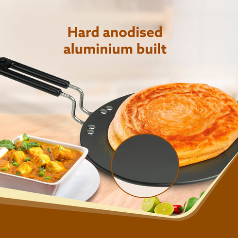Elite Hard Anodised Tawa, 28cm diameter, Riveted handle, 3 mm thick plate, Gas Oven Compatible, Cooking, Cookware, Black