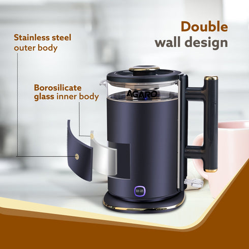 Regal Electric Kettle with Keep Warm Function, Stainless Steel & Glass body, Double Wall Design, Hot Water Kettle with Auto Shut - Off and Boil Dry Protection, Black