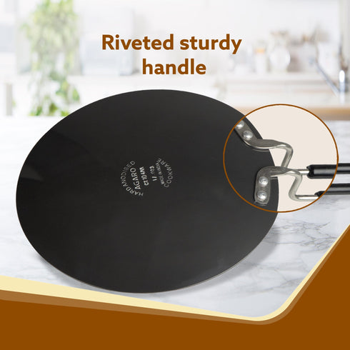 Elite Hard Anodised Tawa, 25cm diameter, Riveted handle, 3 mm thick plate, Gas Oven Compatible, Cooking, Cookware, Black