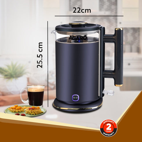Regal Electric Kettle with Keep Warm Function, Stainless Steel & Glass body, Double Wall Design, Hot Water Kettle with Auto Shut - Off and Boil Dry Protection, Black