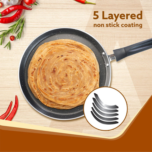 Elegant Non Stick Tawa, 28 cm Diameter, Induction and Gas Oven Friendly, Riveted Cool Touch Handle, Granite Finish, PFOA Free, 4 mm Thick, Dosa, Idli, Roti, Cooking, cookware, Black