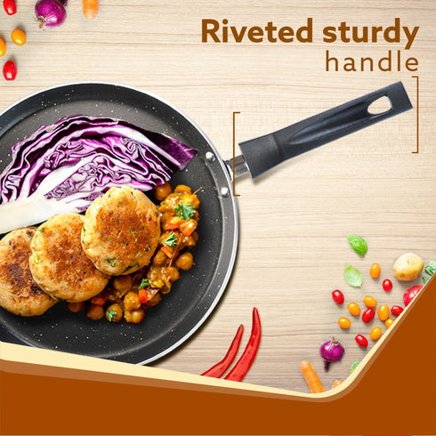 Elegant Non Stick Tawa, 28 cm Diameter, Induction and Gas Oven Friendly, Riveted Cool Touch Handle, Granite Finish, PFOA Free, 4 mm Thick, Dosa, Idli, Roti, Cooking, cookware, Black