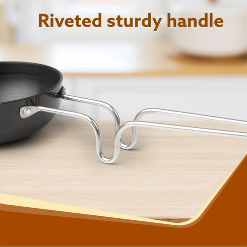 Elite Hard Anodised Tadka Pan, 11 cm Diameter, Riveted handle, 3 mm Thick Plate, Gas Oven Compatible