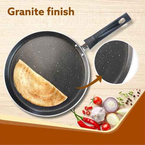 Elegant Non Stick Tawa, 28 cm Diameter, Induction and Gas Oven Friendly, Riveted Cool Touch Handle, Granite Finish, PFOA Free, 4 mm Thick, Dosa, Idli, Roti, Cooking, cookware, Black