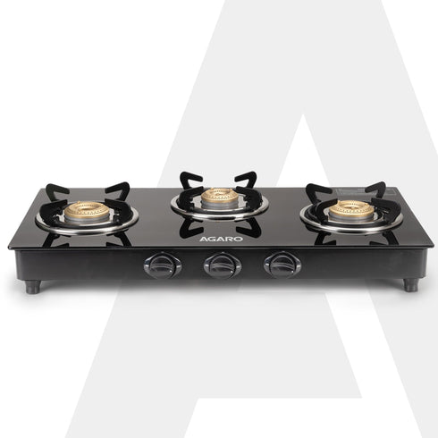 Elite 3 Burners Gas Stove, Toughened Glass Top, Round Brass Burners, 1 Small, 1 Medium & 1 Big Size Burner, Spill Proof Fixed Drip Tray, Manual Ignition, Kitchen Use, Regular Cooking Use, Black