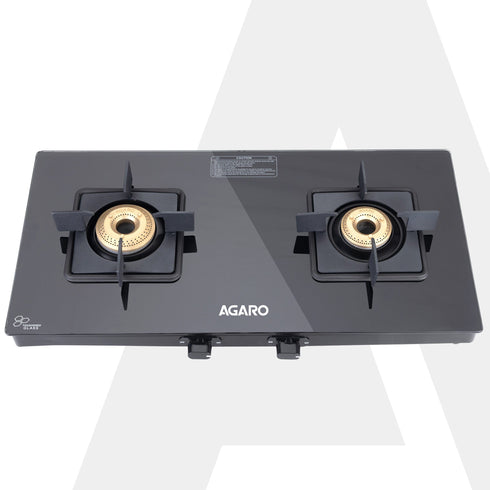 Regency 2 Burners Gas Stove, Toughened Glass Top, Brass Burners, 1 Small & 1 Medium Size Burner, Spill Proof Removable Drip Tray Manual Ignition, Kitchen Use, Regular Cooking Use, Black