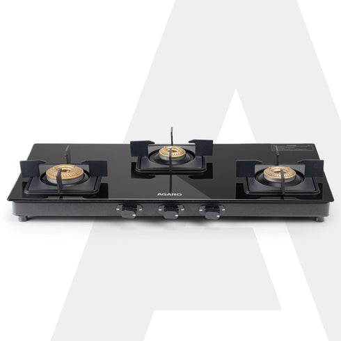 Elite 3 Burners Gas Stove, Toughened Glass Top, Brass Burners, 1 Small, 1 Medium & 1 Big Size Burner, Spill Proof Removable Drip Tray, Manual Ignition, Kitchen Use, Regular Cooking Use, Black