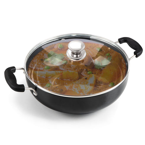 Elite Hard Anodised Kadhai With Glass Lid, 3.85L Capacity, 28 cm Diameter, Gas Oven Compatible, Riveted handle, 3mm thick plate, Cooking, Frying, Serving, Black
