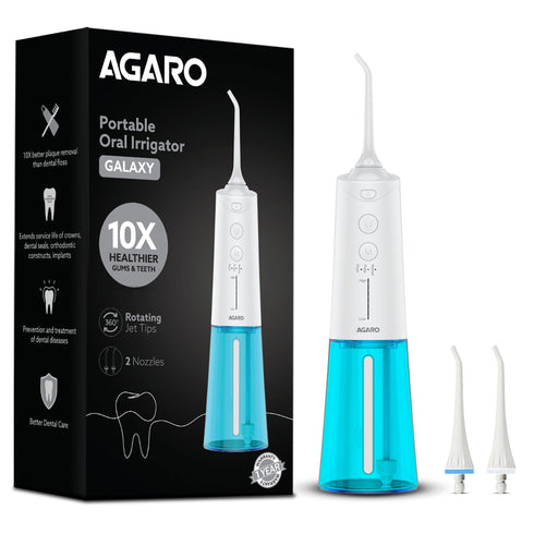 Galaxy Oral Irrigator, Portable, Cordless, Rechargeable, 3 Cleaning Modes, 6 Pressure Levels in Each Mode, IPX7 Waterproof, 230ml Water tank, Flossing at Home & Travel, White & Blue