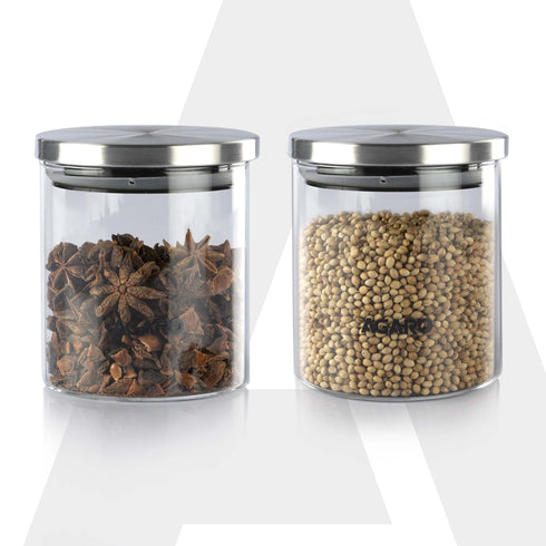 AGARO Elite Borosilicate Glass Jar 600 ml, Round Shaped, Steel Lid, Storage Glass Container, Transparent, Kitchen Organiser, Multipurpose Jar, Pack of 2