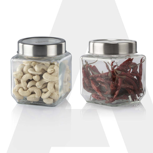 Elegant Cube Jar 580 ml, Square Shaped, Transparent Lid With Steel Finish, Storage Glass Container, Transparent, Kitchen Organiser, Multipurpose Jar, Pack of 2