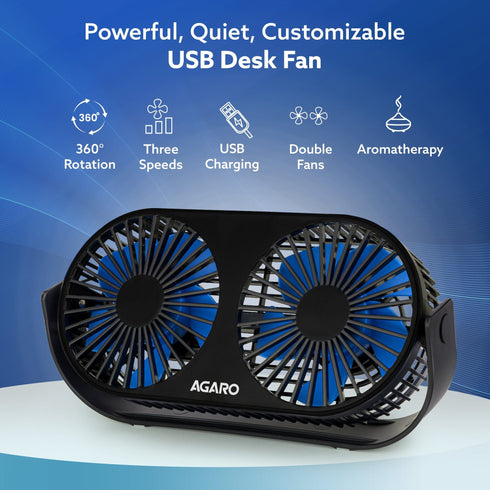 Signify USB Desk Twin Fan, Portable Dual Table Cooling Fan with 5 Blades & 3 Speed Option, USB Powered, Dual Mode, Ultra Quiet, Aromatherapy, Rotatable Table Desk Fan for Home, Office, Black