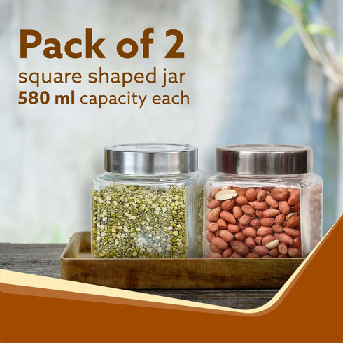 Elegant Cube Jar 580 ml, Square Shaped, Transparent Lid With Steel Finish, Storage Glass Container, Transparent, Kitchen Organiser, Multipurpose Jar, Pack of 2