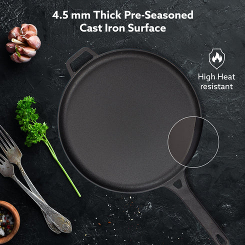 Royal Pre Seasoned Cast Iron Tawa, 28 Cm Diameter, No Chemical Coating, Long Rigid Handle, Fast Heating, Heavy Weight, Gas & Induction Oven Compatible, Roti, Omlette Maker, Black