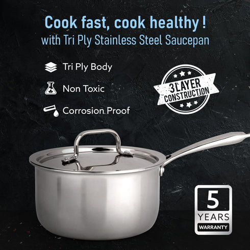 Regency Triply Steel Saucepan With Lid 14 cm, Triple Layered Stainless Steel Body, 1.25L Capacity, 2.5mm Thick Body, Sturdy Handle, Induction & Gas Compatible, Tea, Chai Pan