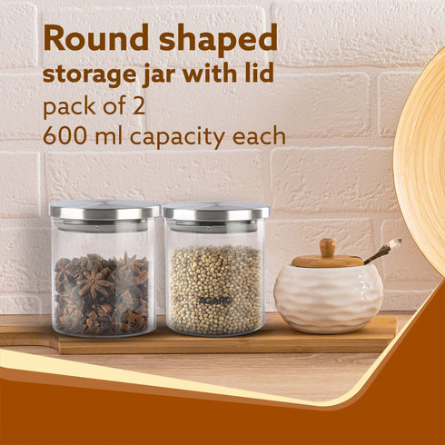 AGARO Elite Borosilicate Glass Jar 600 ml, Round Shaped, Steel Lid, Storage Glass Container, Transparent, Kitchen Organiser, Multipurpose Jar, Pack of 2