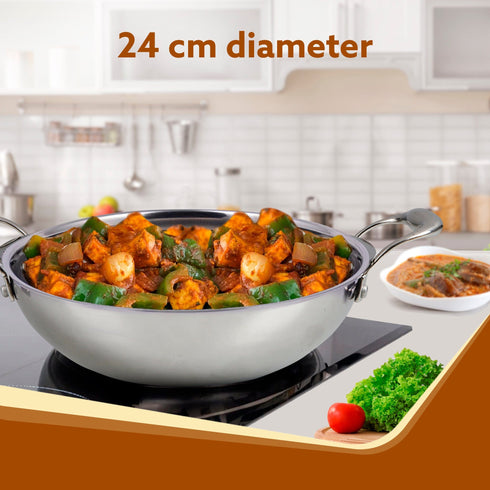 Regency Tri-Ply Steel Kadai, 2.25L Capacity, 24 cm Diameter, Stainless Steel, Riveted Handle, Food Safe, Gas Oven and Induction Oven Compatible, Cooking, Frying, Serving, Silver