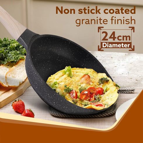Imperial Granite Non Stick Fry pan with Glass Lid, 1.6L / 24cm, Cast Aluminium Body, Omelette Egg Pan, Fish Fry Pan, Gas & Induction Compatible, Dark Grey