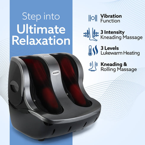 Supreme Foot & Calf Massager, Kneading & Rolling Function, for Pain Relief & Improving Blood Circulation, 3 Intensity Levels, 3 Levels of Lukewarm Heat, Vibration Massage, Timer, Remote Control