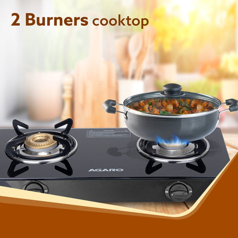 Elite 2 Burners Gas Stove, Toughened Glass Top, Round Brass Burners, 1 Small & 1 Medium Size Burner, Spill Proof Fixed Drip Tray, Manual Ignition, Kitchen Use, Regular Cooking Use, Black