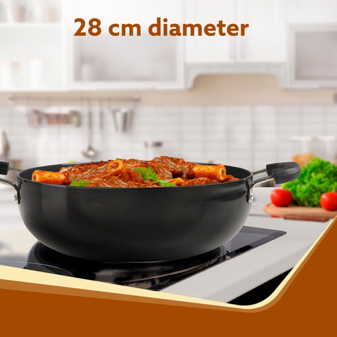 Elite Hard Anodised Kadhai With Glass Lid, 3.85L Capacity, 28 cm Diameter, Gas Oven Compatible, Riveted handle, 3mm thick plate, Cooking, Frying, Serving, Black