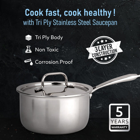 Regency Triply Steel Saucepan With Lid 14 cm, Triple Layered Stainless Steel Body, 1.25L Capacity, 2.5mm Thick Body, Sturdy Handle, Induction & Gas Compatible, Tea, Chai Pan