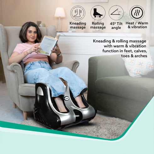 Amaze Foot, Calf & Leg Massager Machine , with Vibration & Heat, 3 Massage Levels, 4 motors for Home Usage (Silver - Black)