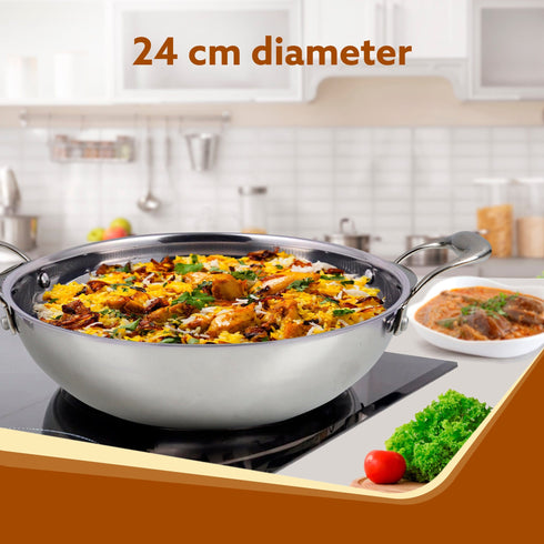 Royal Honey Comb Kadai, 2.25L Capacity, 24 cm Diameter, Gas & Induction Compatible, Tri-Ply Steel with Honey Comb Design, Riveted Handle, Food Safe & PFOA Free, Cooking, Frying, Serving, Silver