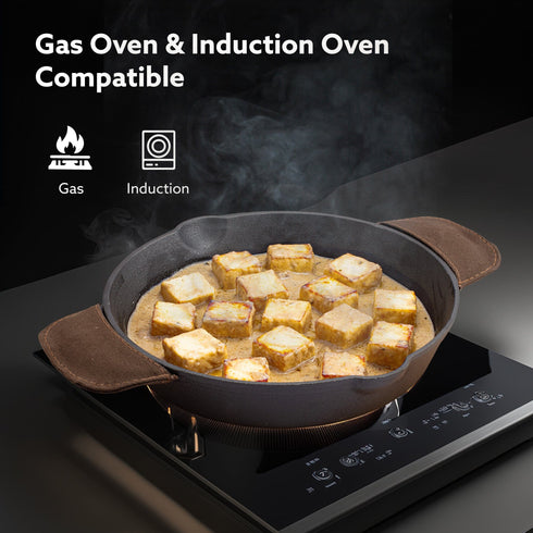 Royal Pre Seasoned Cast Iron Deep Fry Pan,25 cm Diameter,1.8L Capacity,No Chemical Coating,Rigid Handles,Fast Heating,Heavy Weight,Gas Oven & Induction Compatible,Frying,Deep Frying,Black