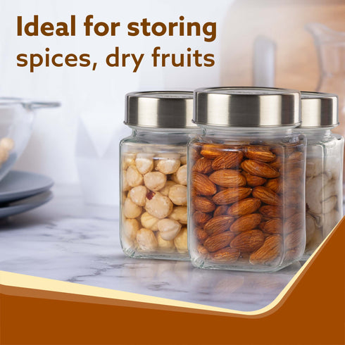 Elegant Cube Jar 310 ml, Square Shaped, Transparent Lid With Steel Finish, Storage Glass Container, Transparent, Kitchen Organiser, Multipurpose Jar, Pack of 6