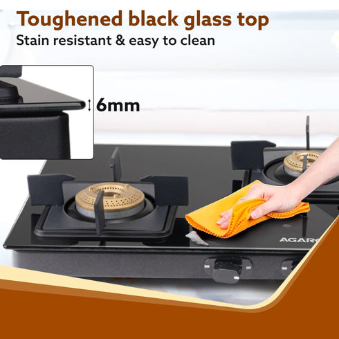 Elite 3 Burners Gas Stove, Toughened Glass Top, Brass Burners, 1 Small, 1 Medium & 1 Big Size Burner, Spill Proof Removable Drip Tray, Manual Ignition, Kitchen Use, Regular Cooking Use, Black