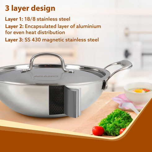 Royal Honey Comb Kadai, 2.25L Capacity, 24 cm Diameter, Gas & Induction Compatible, Tri-Ply Steel with Honey Comb Design, Riveted Handle, Food Safe & PFOA Free, Cooking, Frying, Serving, Silver