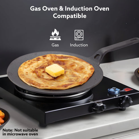 Royal Pre Seasoned Cast Iron Tawa, 26 CM Diameter, No Chemical Coating, Long Rigid Handle, Fast Heating, Heavy Weight, Gas Oven Compatible, Roti, Chapathi, Paratha, Omlette Maker,Black