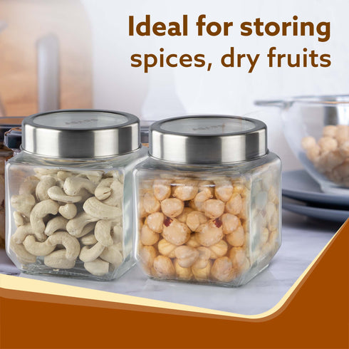 Elegant Cube Jar 580 ml, Square Shaped, Transparent Lid With Steel Finish, Storage Glass Container, Transparent, Kitchen Organiser, Multipurpose Jar, Pack of 2